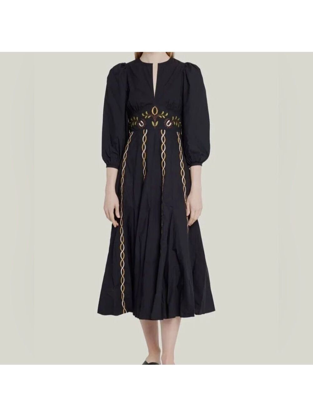 RHODE Eunice Puff-Sleeve Embroidered Midi Dress in Black Size XS